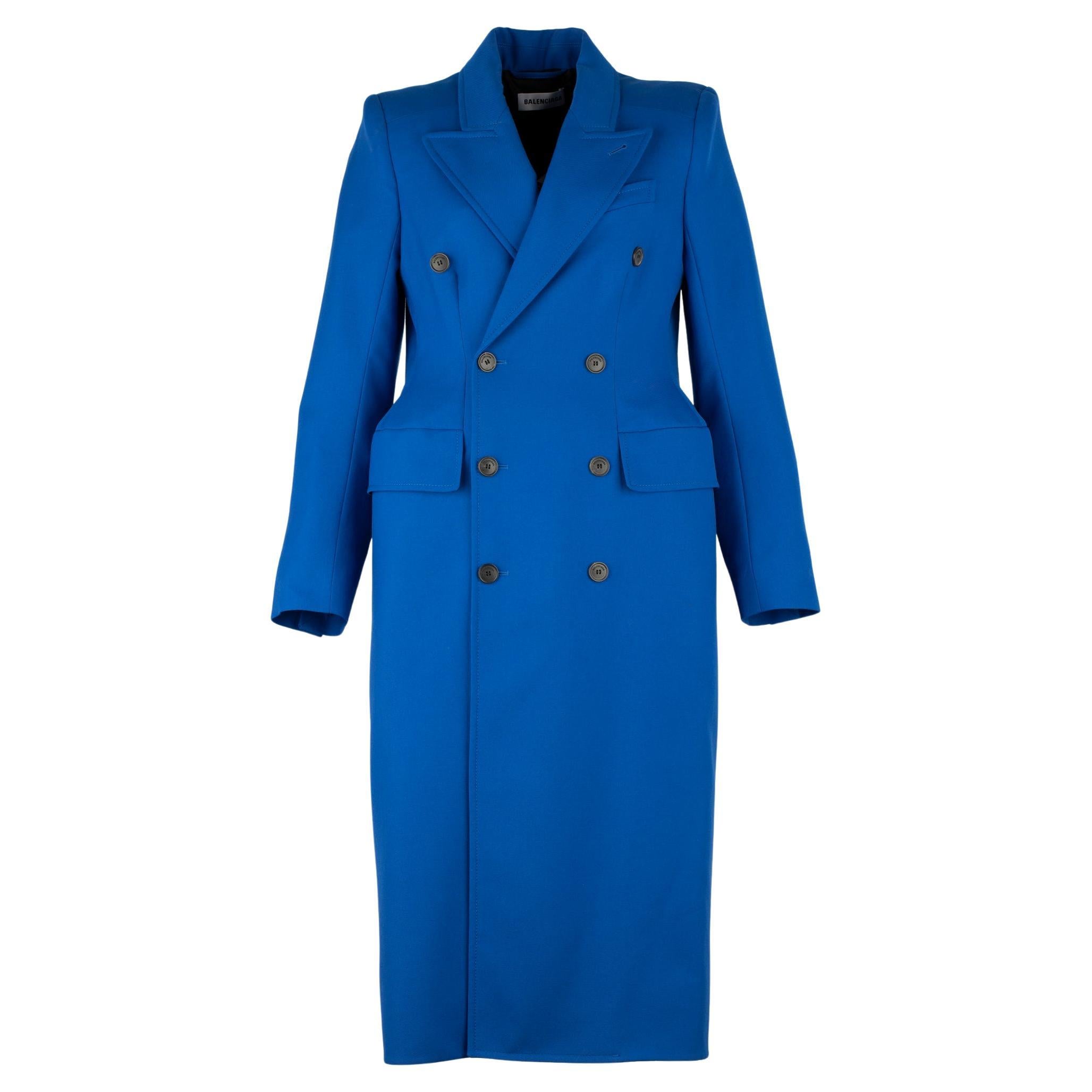 Balenciaga Hourglass Double Breasted Wool Blend Coat Royal Blue 38 FR