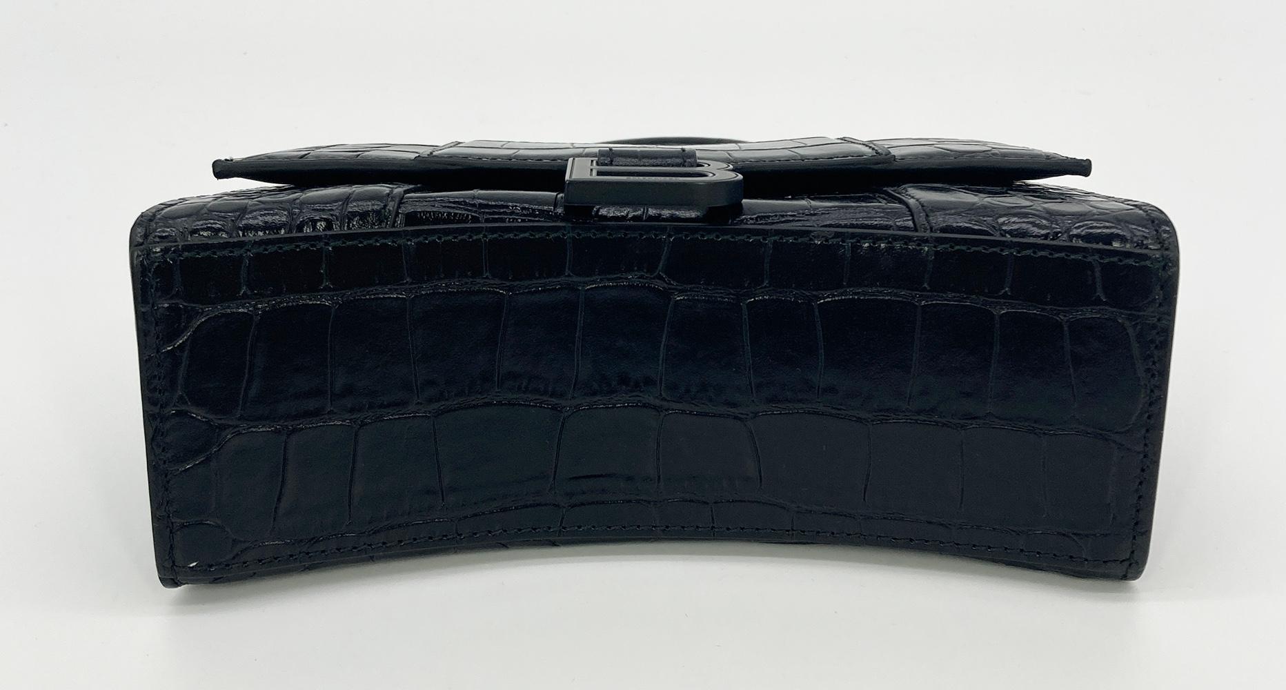Balenciaga Hourglass Mini Handbag Black Embossed Crocodile In Excellent Condition In Philadelphia, PA