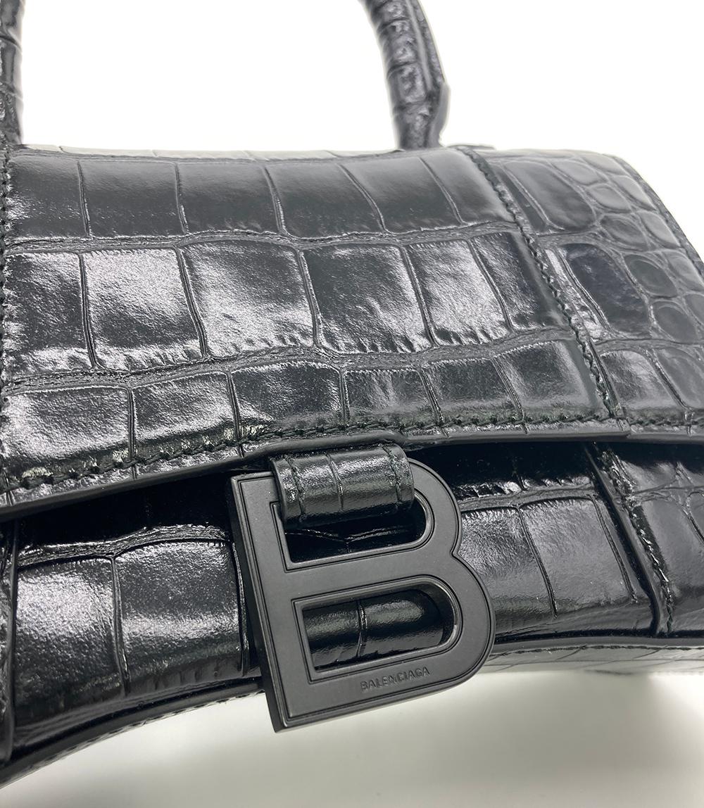 Women's Balenciaga Hourglass Mini Handbag Black Embossed Crocodile