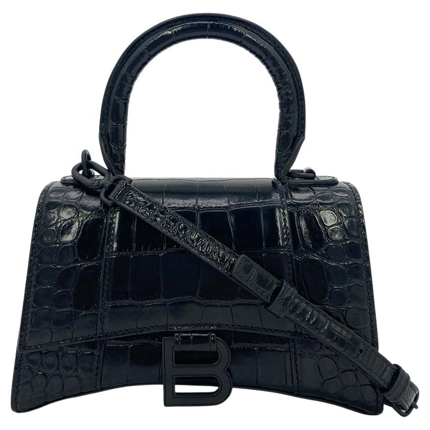 Balenciaga Hourglass Mini Handbag Black Embossed Crocodile
