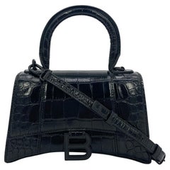 Balenciaga Hourglass Mini Handbag Black Embossed Crocodile