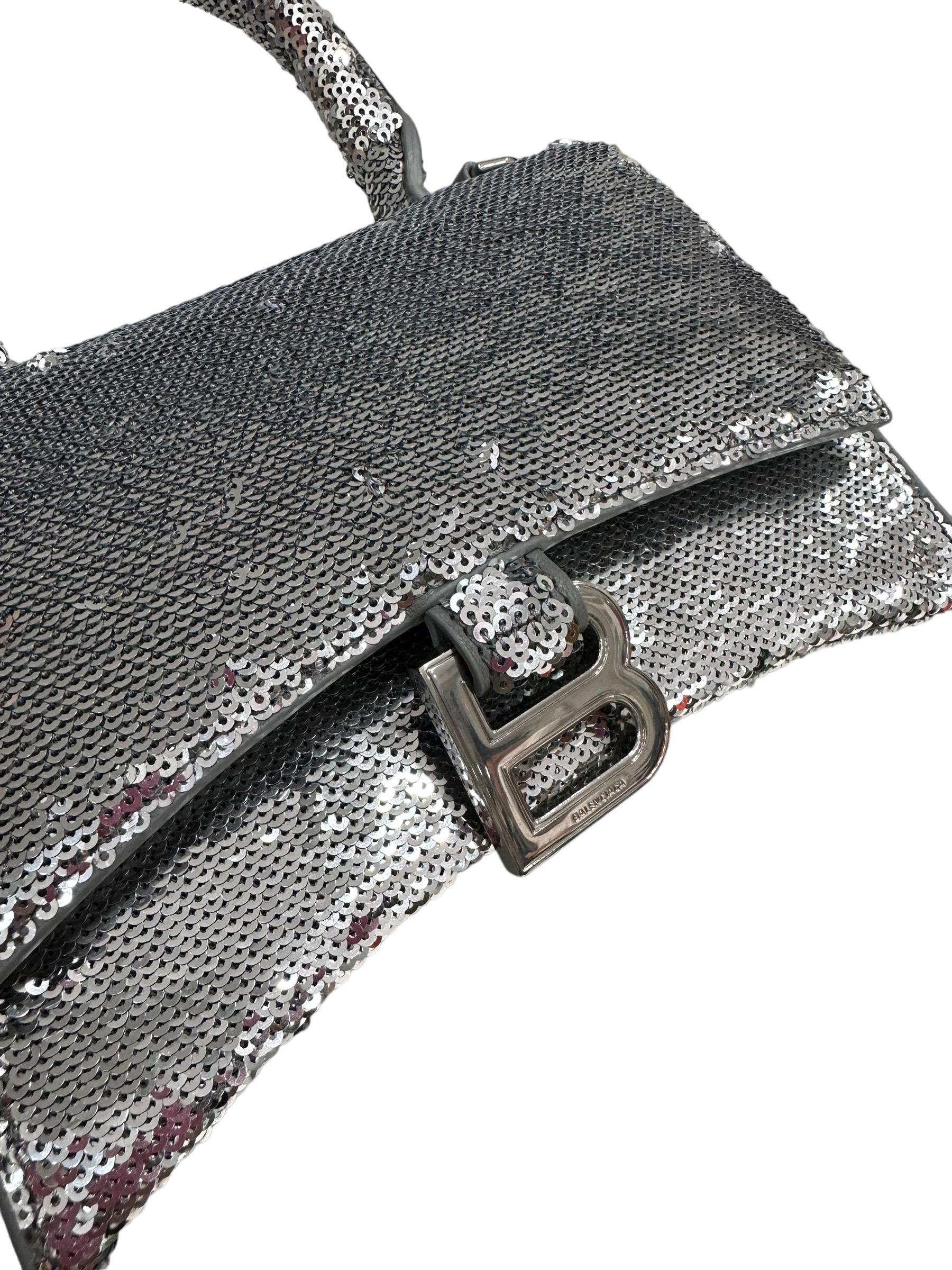 Balenciaga Hourglass Silver Sequins Leather Top Handle Bag In Good Condition In Torre Del Greco, IT