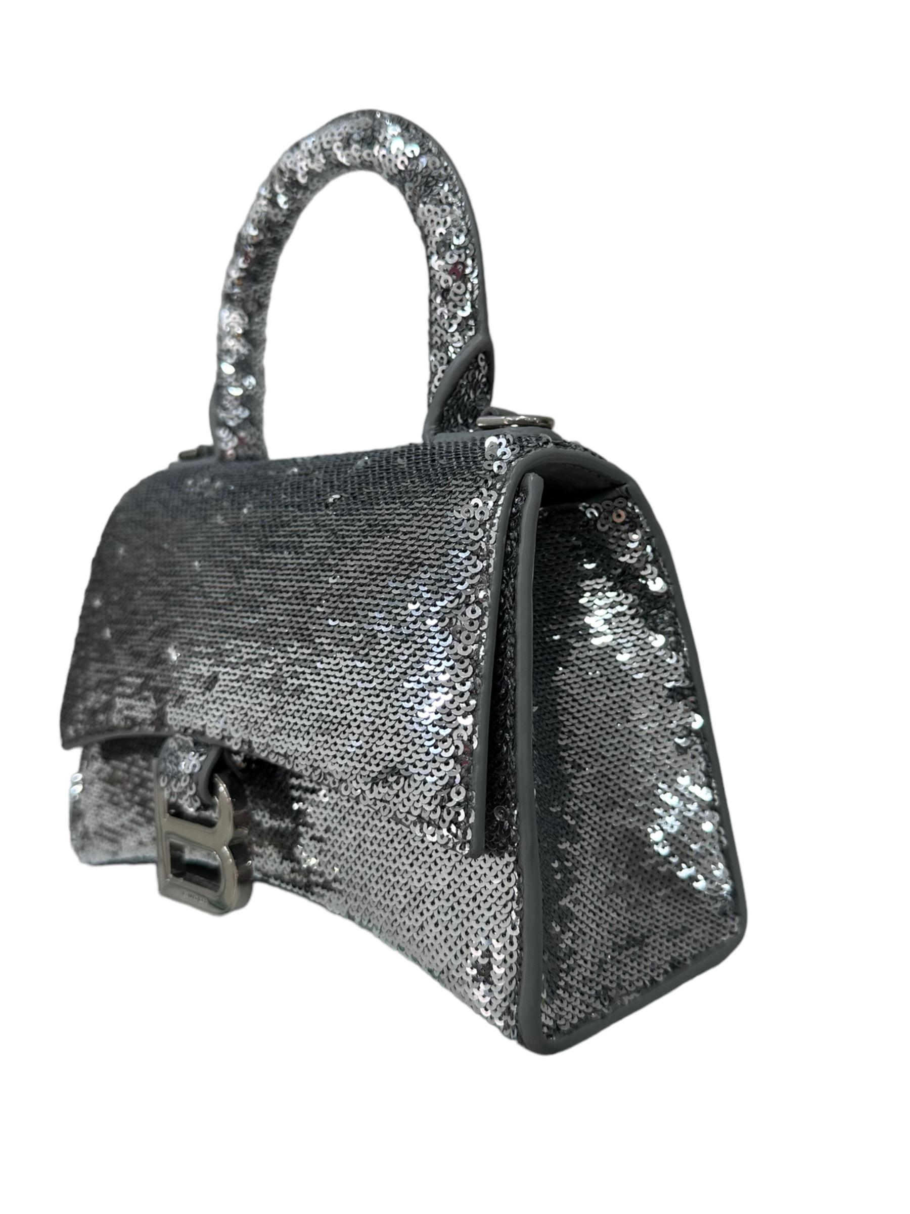 Women's Balenciaga Hourglass Silver Sequins Leather Top Handle Bag
