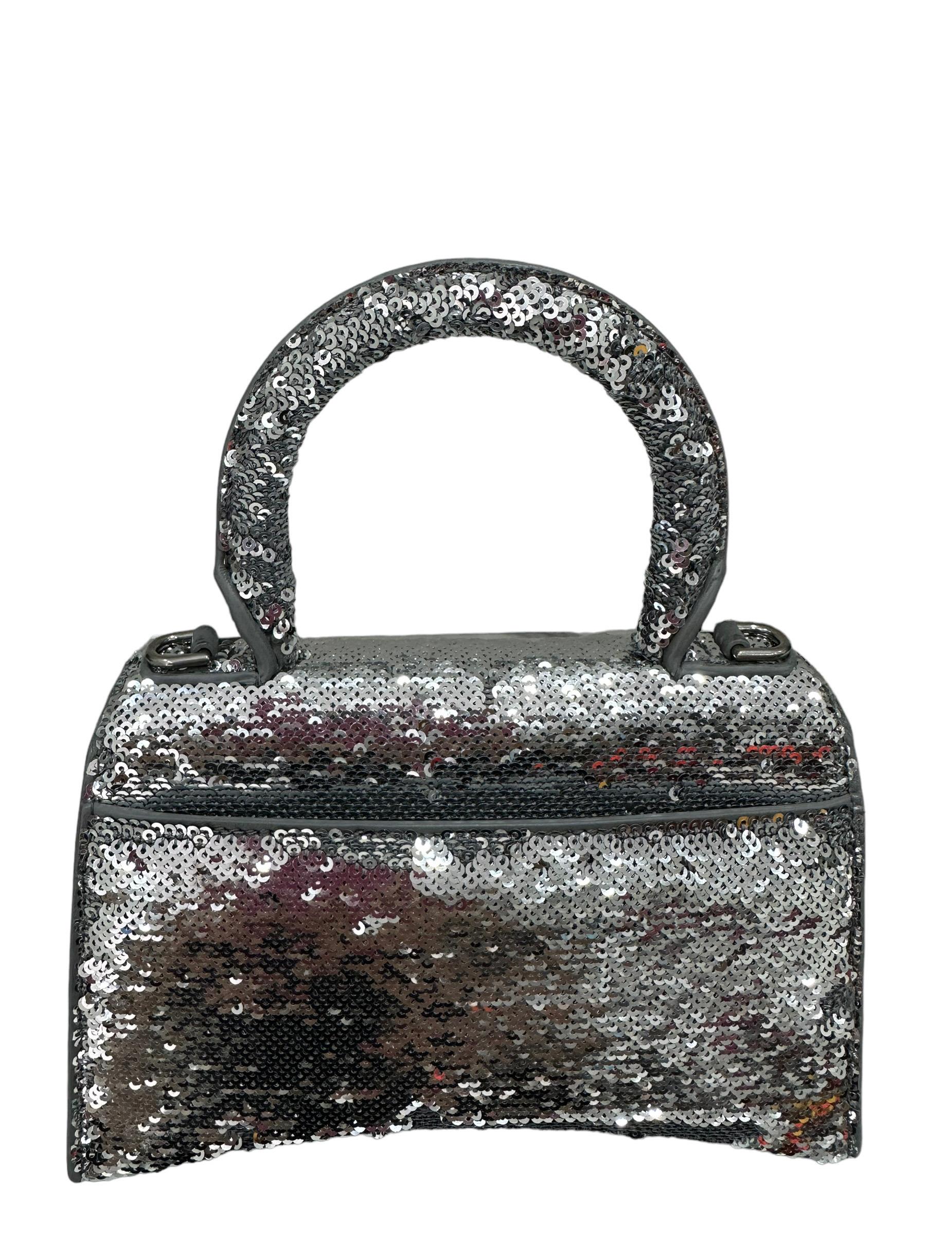 Balenciaga Hourglass Silver Sequins Leather Top Handle Bag 4