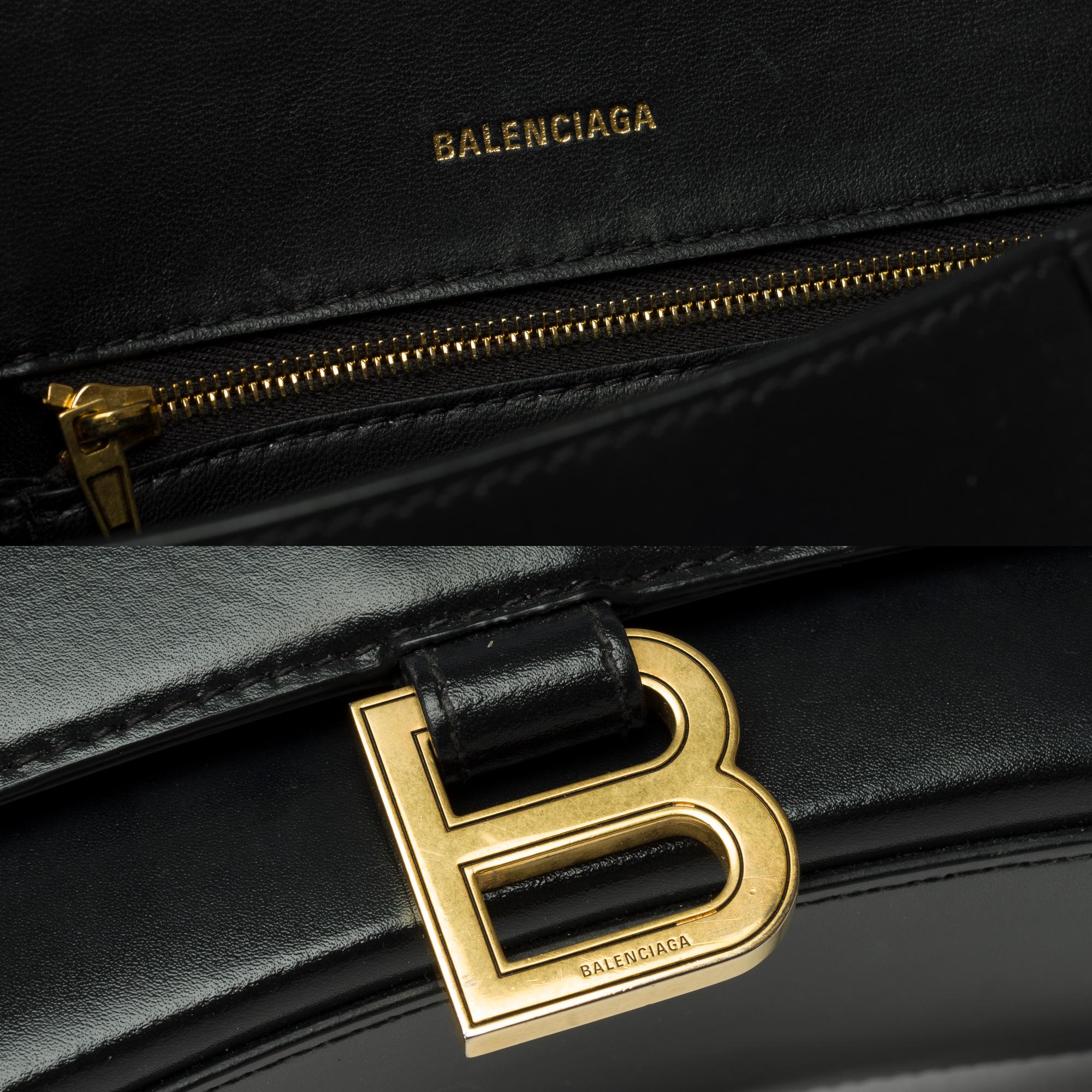 Balenciaga Hourglass small box handbag strap in black box calf leather, GHW 1