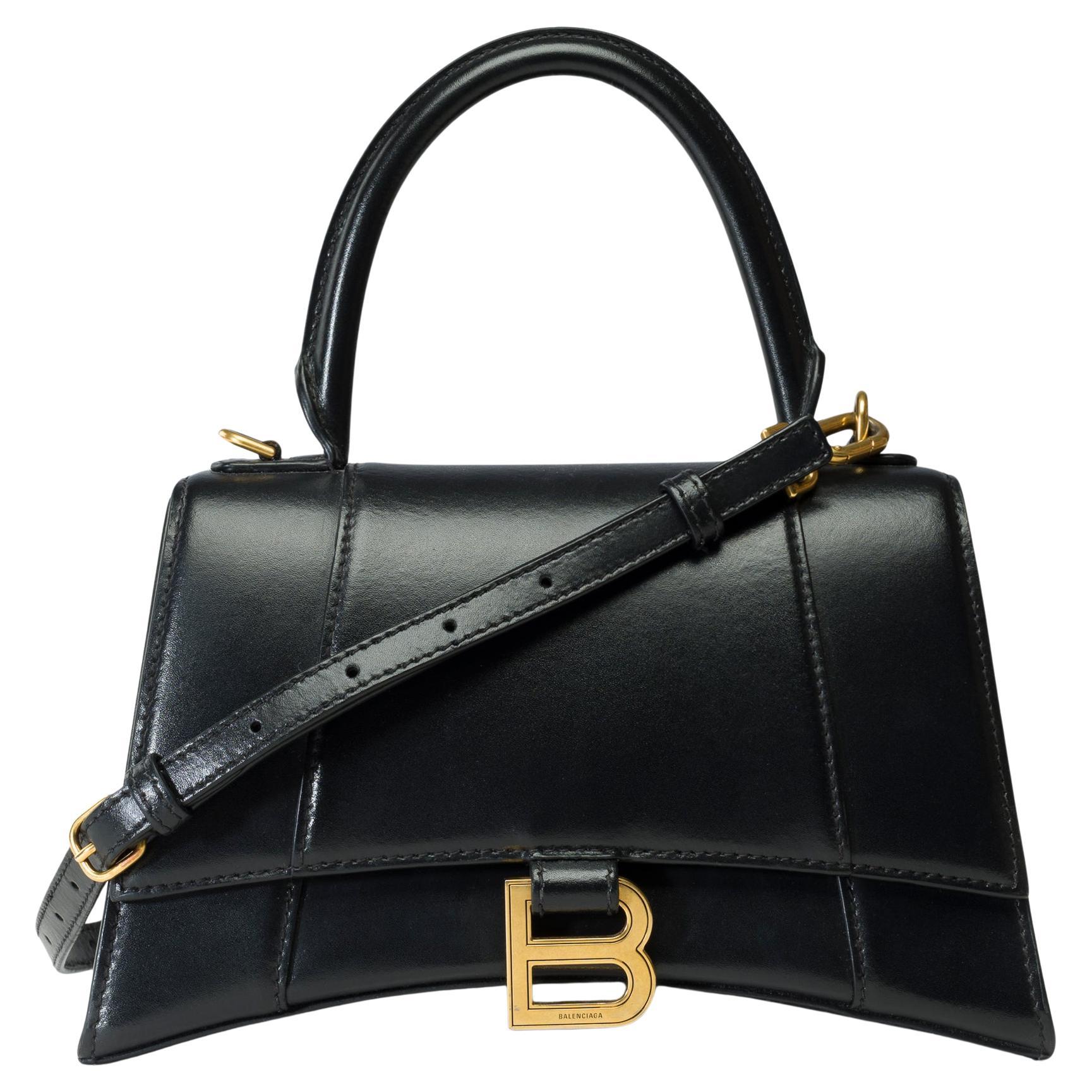 Balenciaga Hourglass small box handbag strap in black box calf leather, GHW