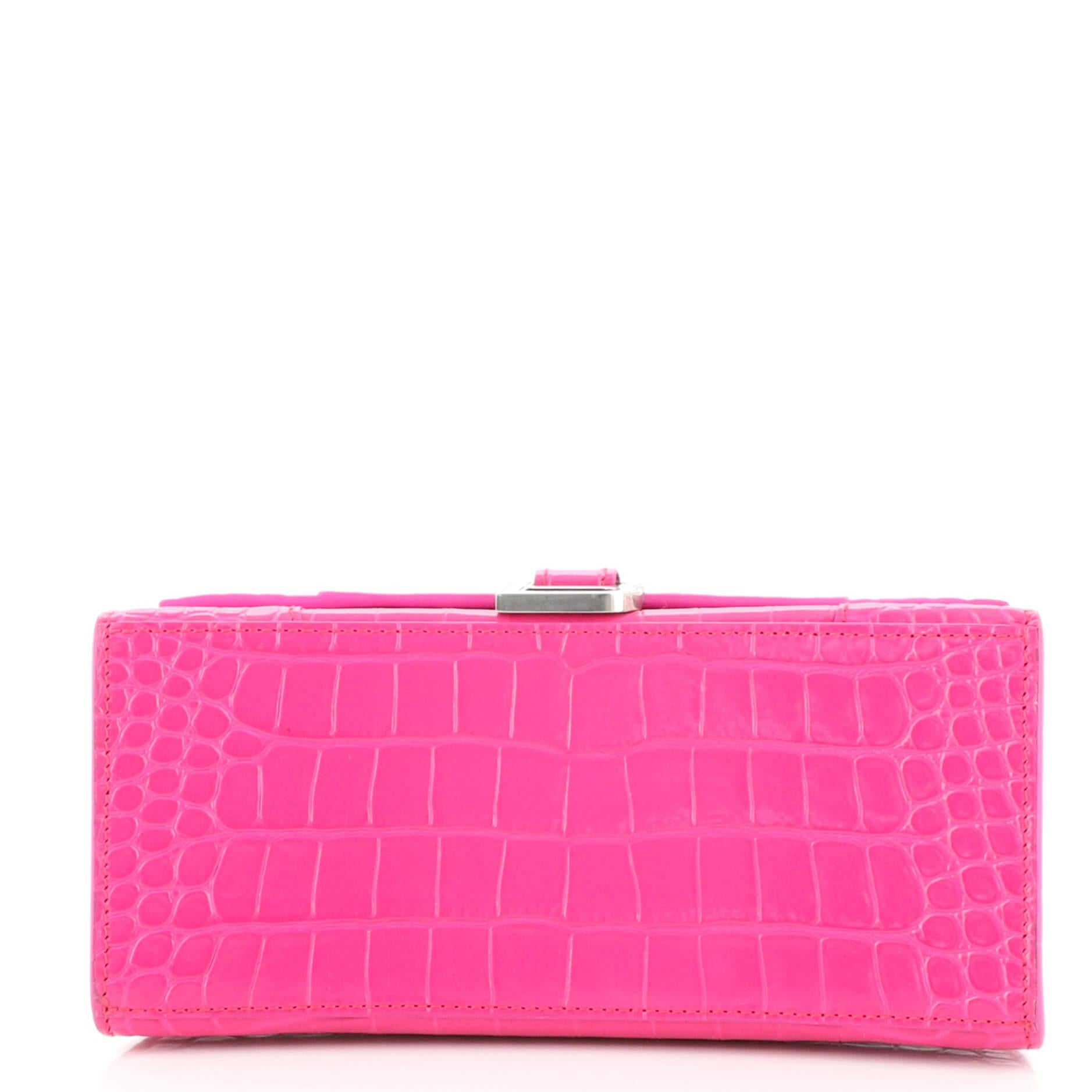 Pink Balenciaga Hourglass Top Handle Bag Crocodile Embossed Leather Small