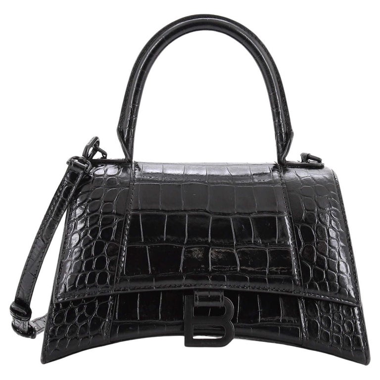 Balenciaga Black Croc Embossed Leather Small Hourglass Shoulder