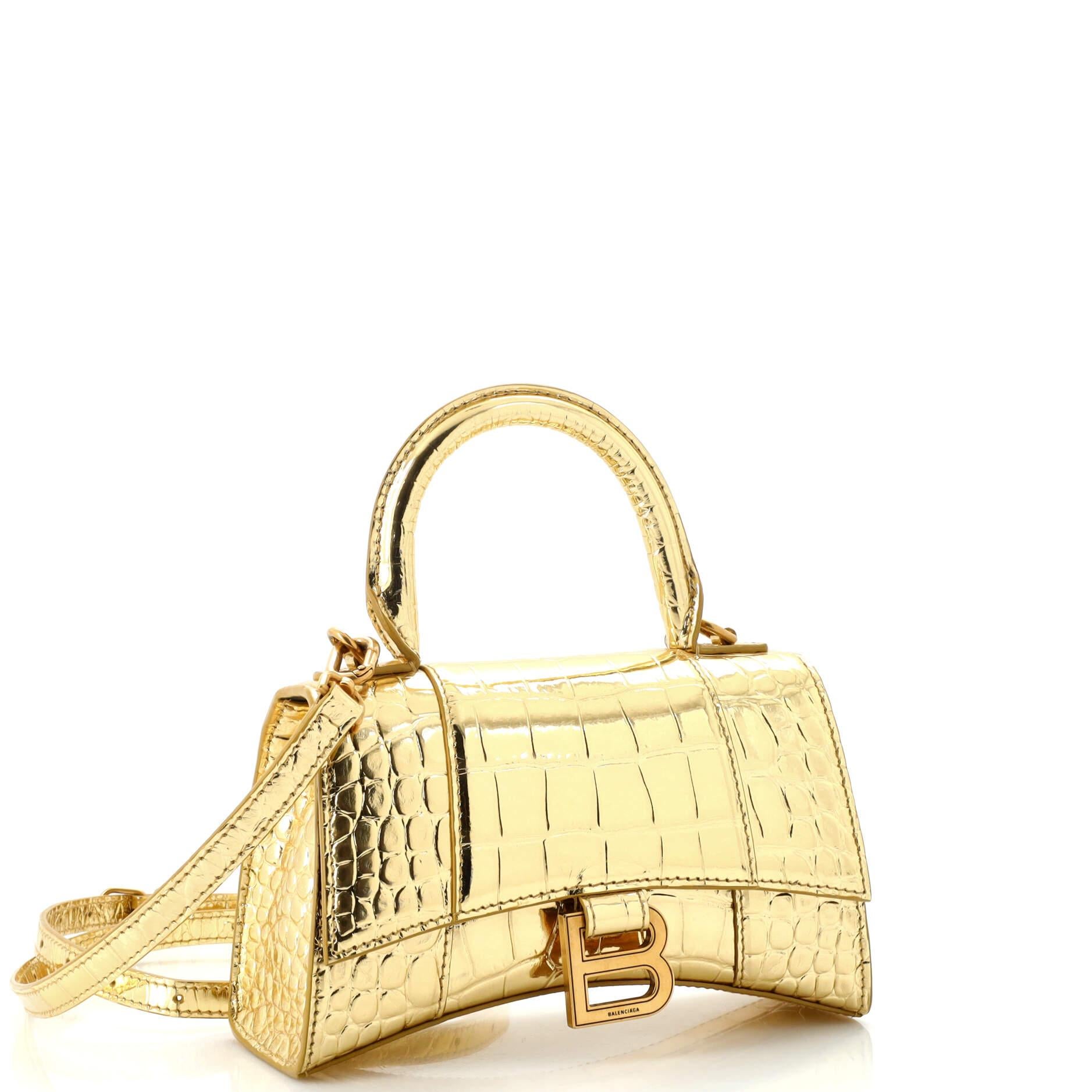 Balenciaga Hourglass Top Handle Bag Small Crocodile Embossed Yellow in  Leather with Gold-tone - US