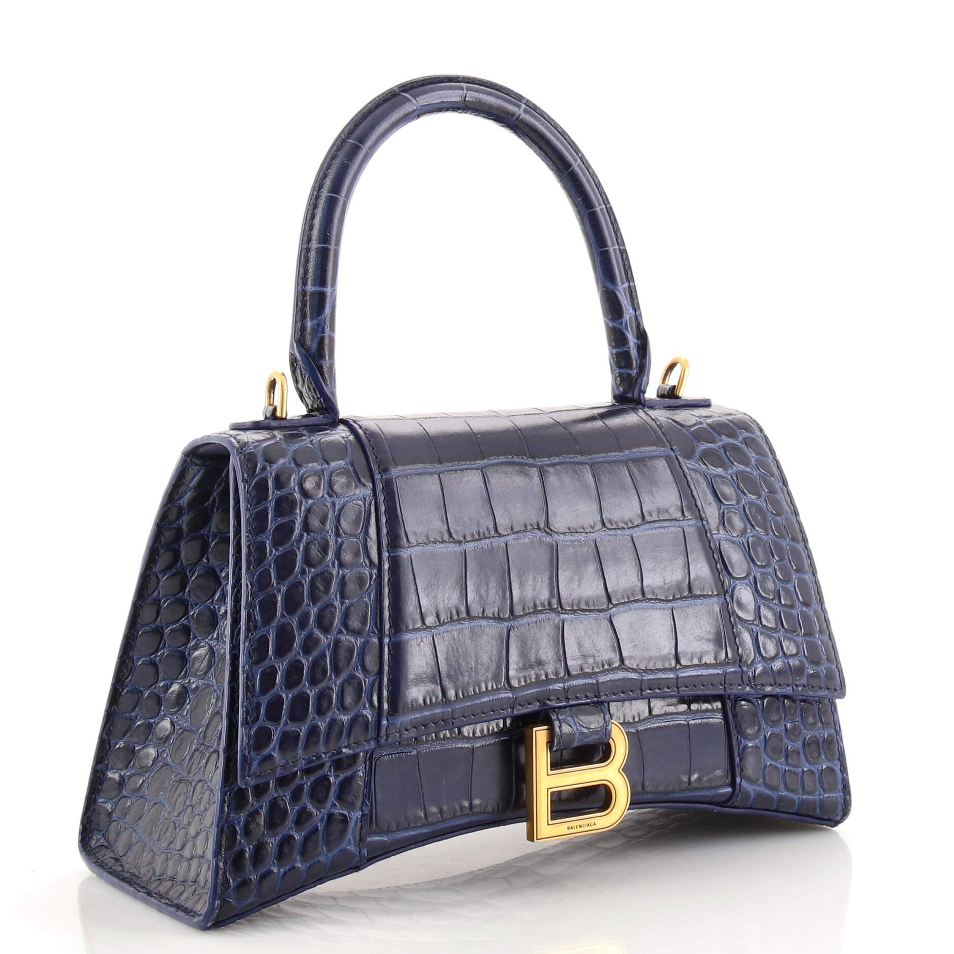 Black Balenciaga Hourglass Top Handle Bag Crocodile Embossed Leather XS