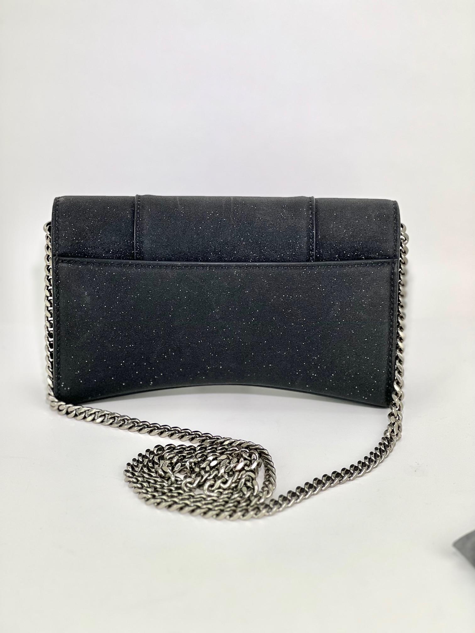Women's BALENCIAGA Hourglass Wallet On Chain Black Glitter Clutch Shoulder Bag For Sale