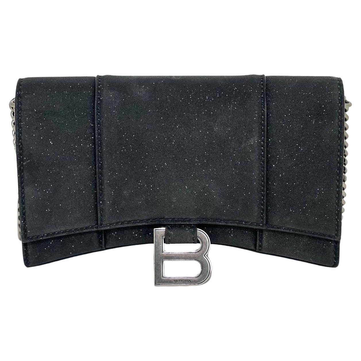 BALENCIAGA Hourglass Wallet On Chain Black Glitter Clutch Shoulder Bag For Sale