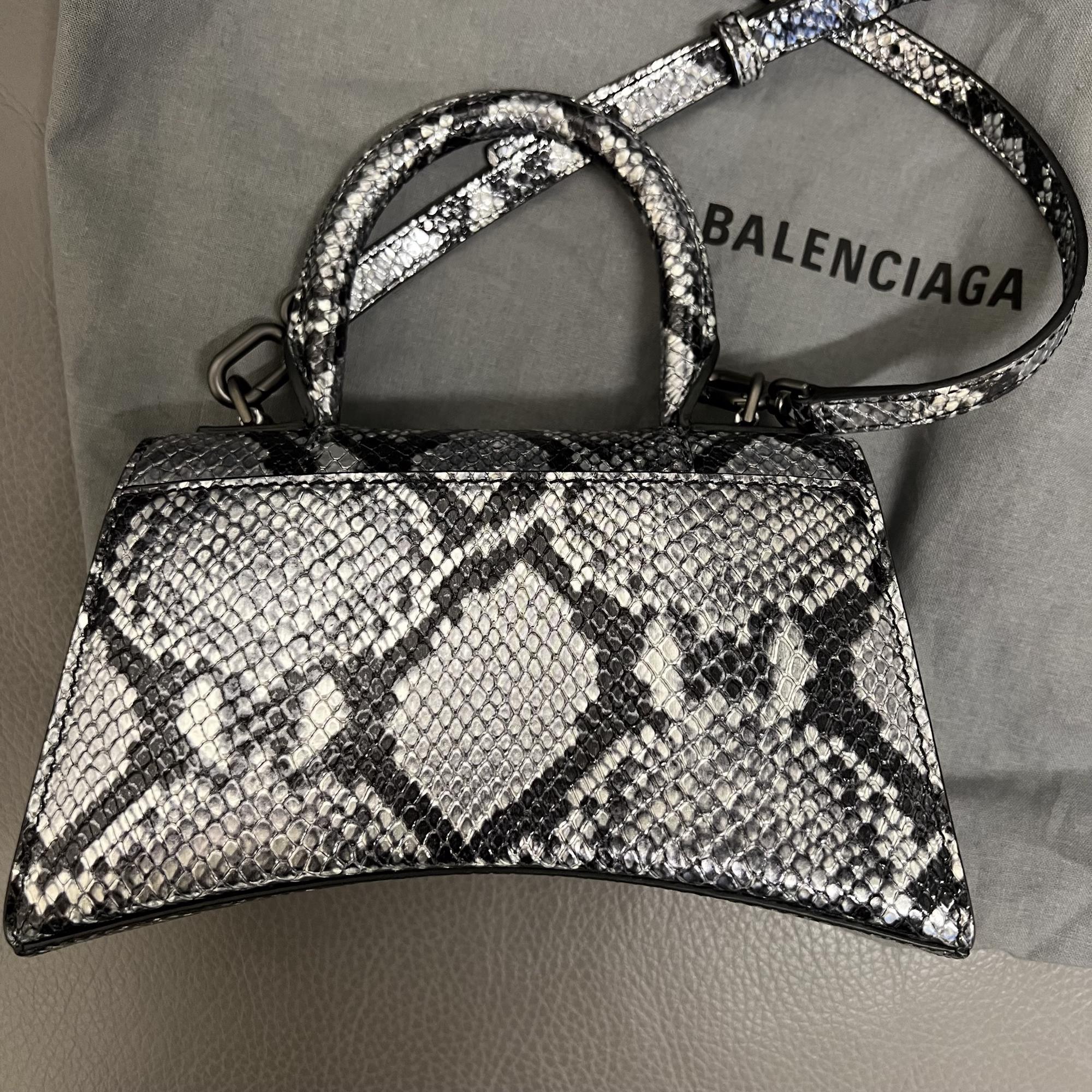 Balenciaga Hourglass XS Silver Python Print Leather Ladies Top Handle Bag In Excellent Condition In New York, NY