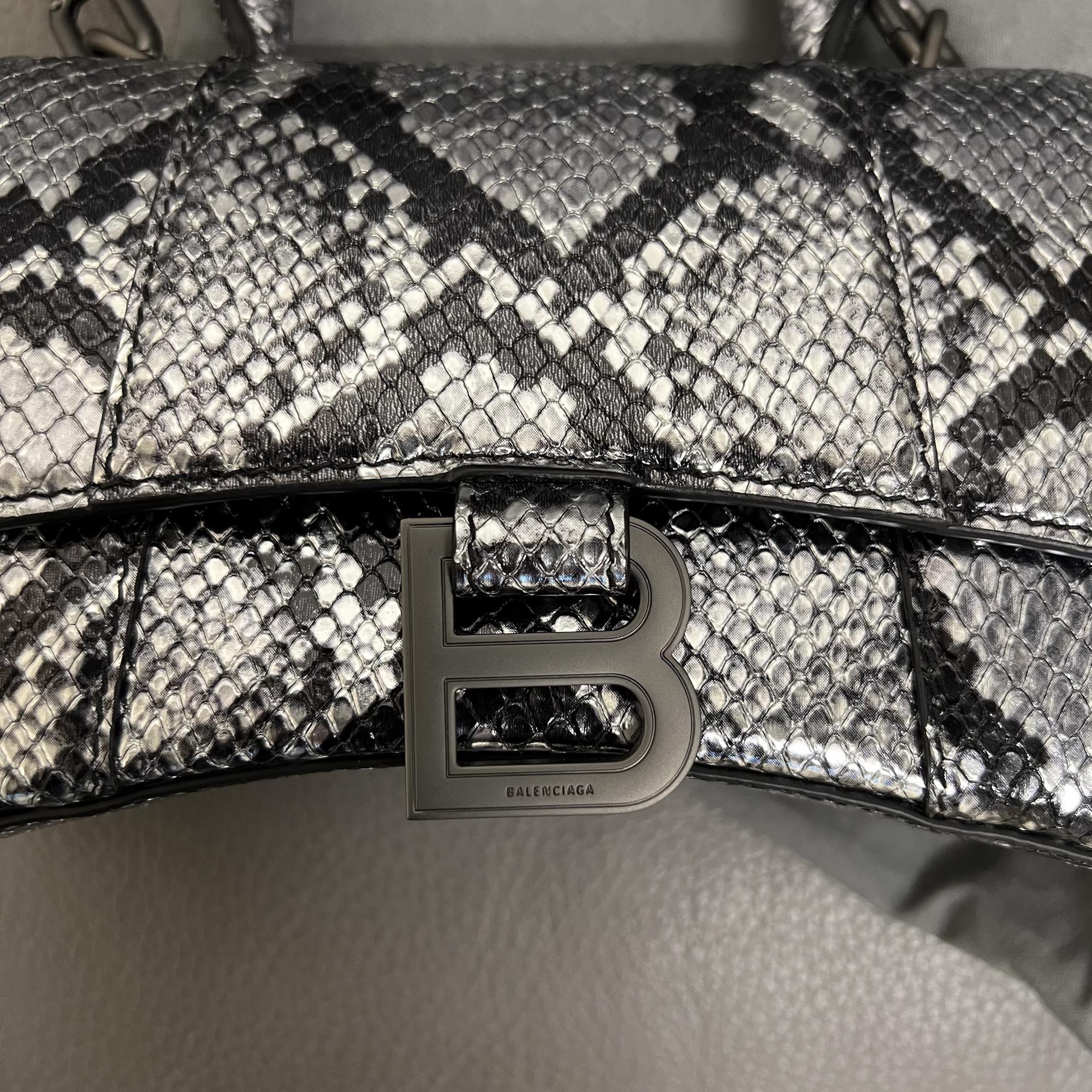 Balenciaga Hourglass XS Silver Python Print Leather Ladies Top Handle Bag 1