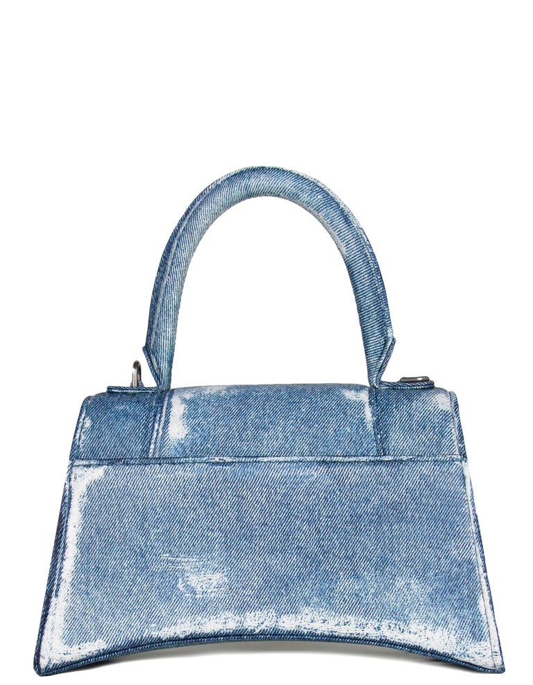 Blue Balenciaga Indigo Calfskin Denim Printed Small Hourglass Top Handle Bag For Sale