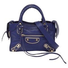 Mini sac de ville Balenciaga en cuir indigo à bords métalliques classiques