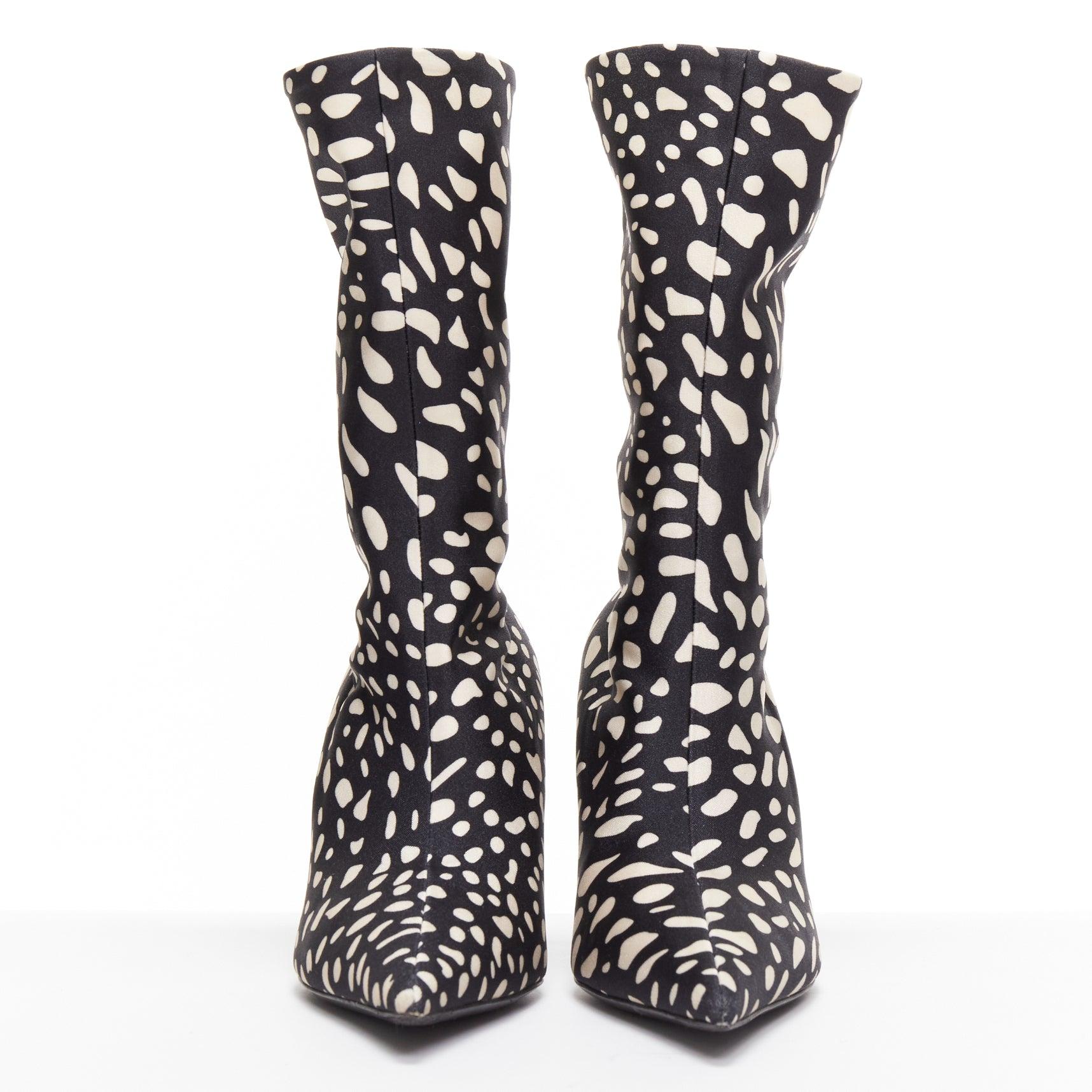 Black BALENCIAGA Knife black white spotted animal print lycra pointed sock boots EU38 For Sale