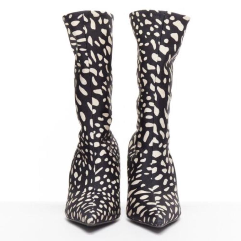 Black BALENCIAGA Knife black white spotted animal print lycra pointed sock boots EU38