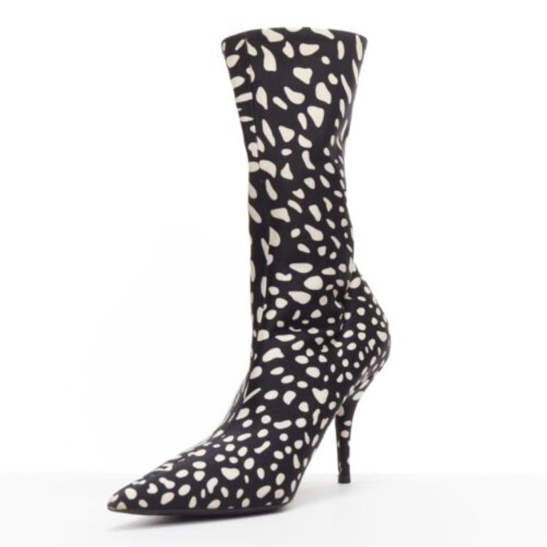 BALENCIAGA Knife black white spotted animal print lycra pointed sock boots EU38 In Good Condition In Hong Kong, NT