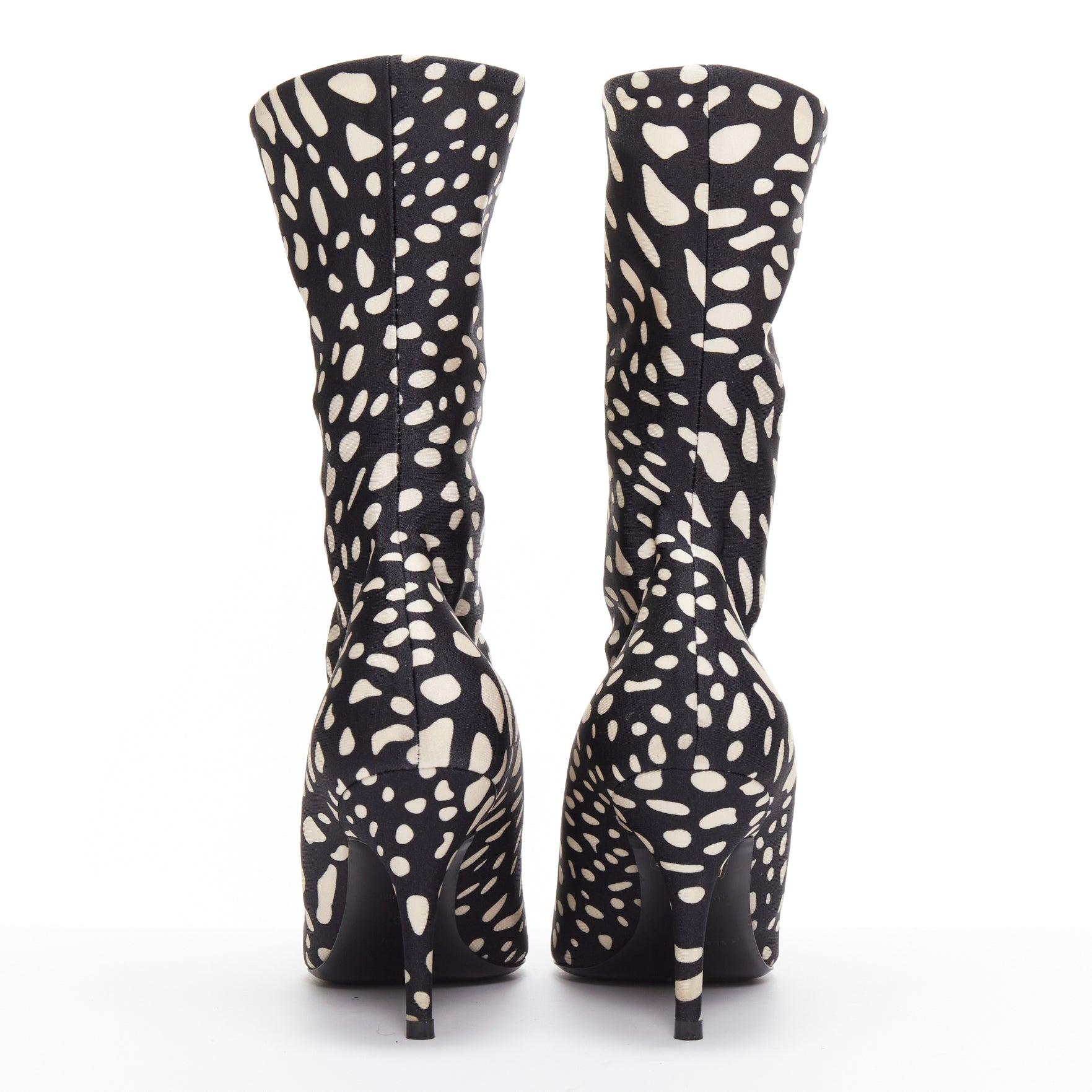Women's BALENCIAGA Knife black white spotted animal print lycra pointed sock boots EU38 For Sale