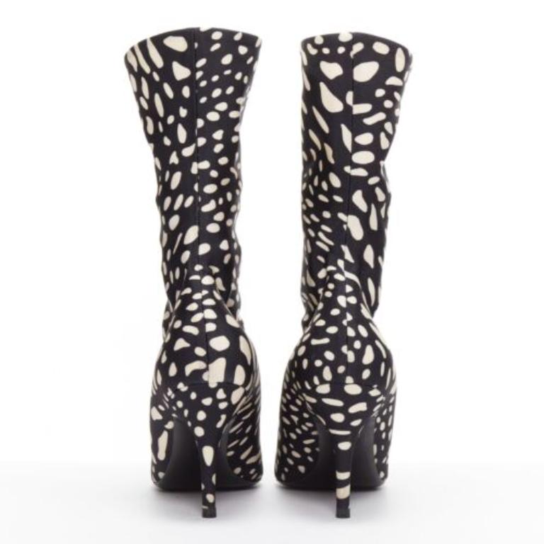 Women's BALENCIAGA Knife black white spotted animal print lycra pointed sock boots EU38