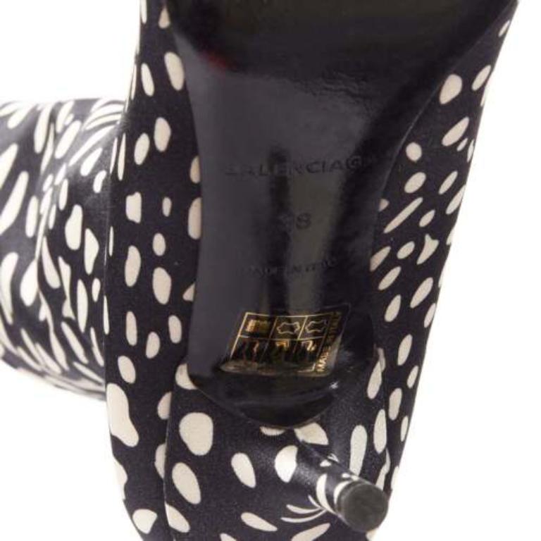 BALENCIAGA Knife black white spotted animal print lycra pointed sock boots EU38 4