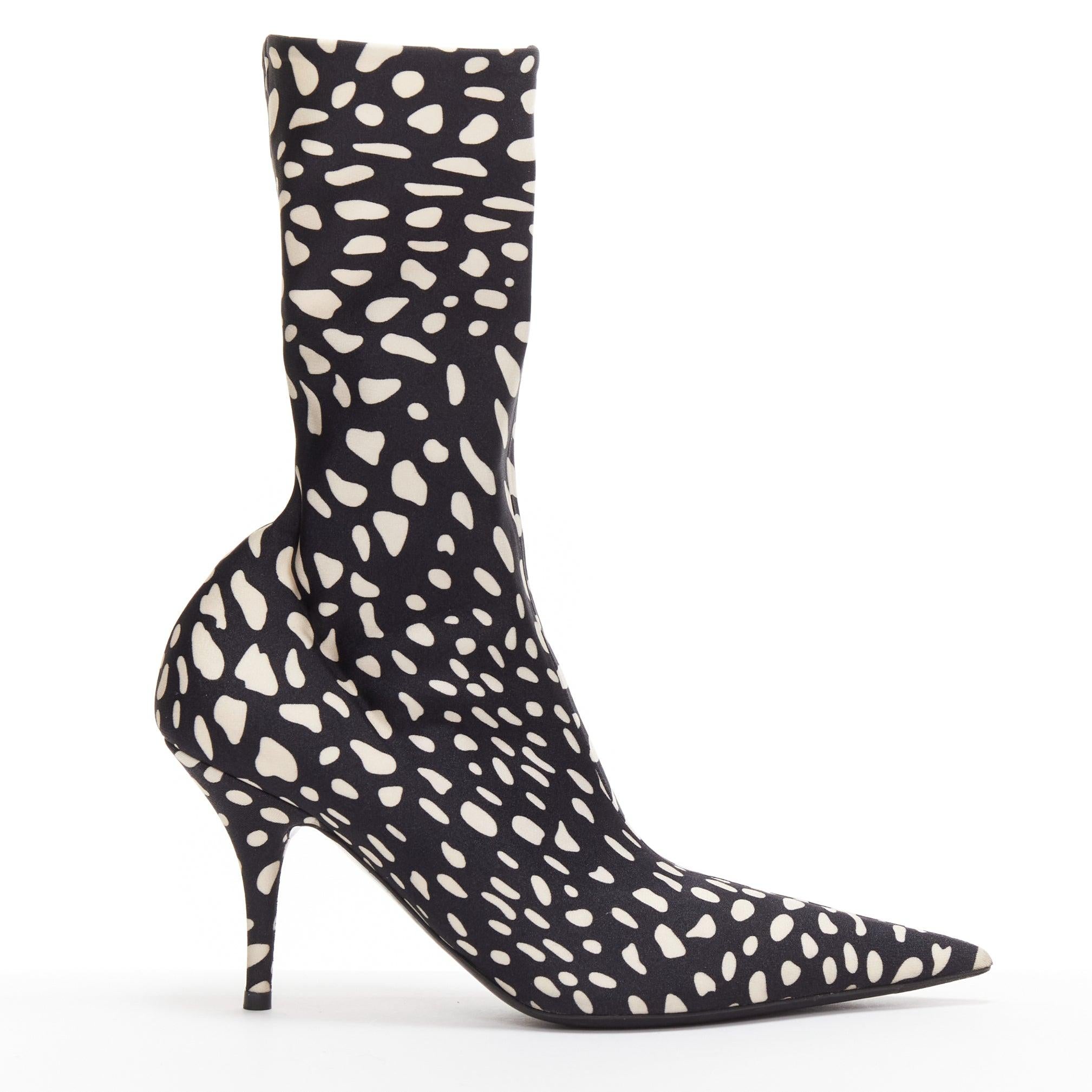 BALENCIAGA Knife black white spotted animal print lycra pointed sock boots EU38 For Sale