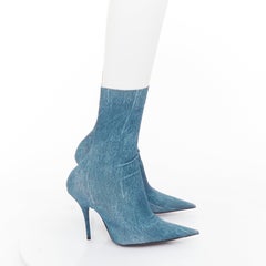 BALENCIAGA Knife blue denim trompe loeil pointy heeled boots EU36