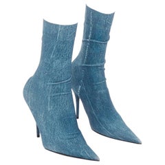 BALENCIAGA Cuchillo azul denim trompe loeil puntiagudo botines de tacón EU36