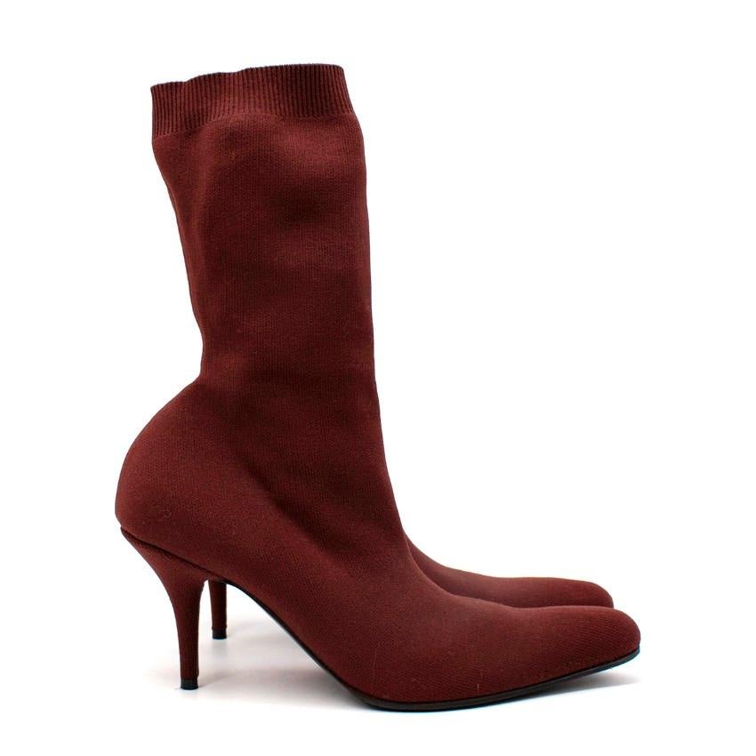 Balenciaga Knife Burgundy Stretch Jersey Heeled Bootie
 

 - Updated itineration of the iconic knife boot, featuring a long almond toe shape
 - Stretch jersey booties in brown-burgundy hue
 - Ankle height, sock fit
 - Mid-height stiletto heel
 

