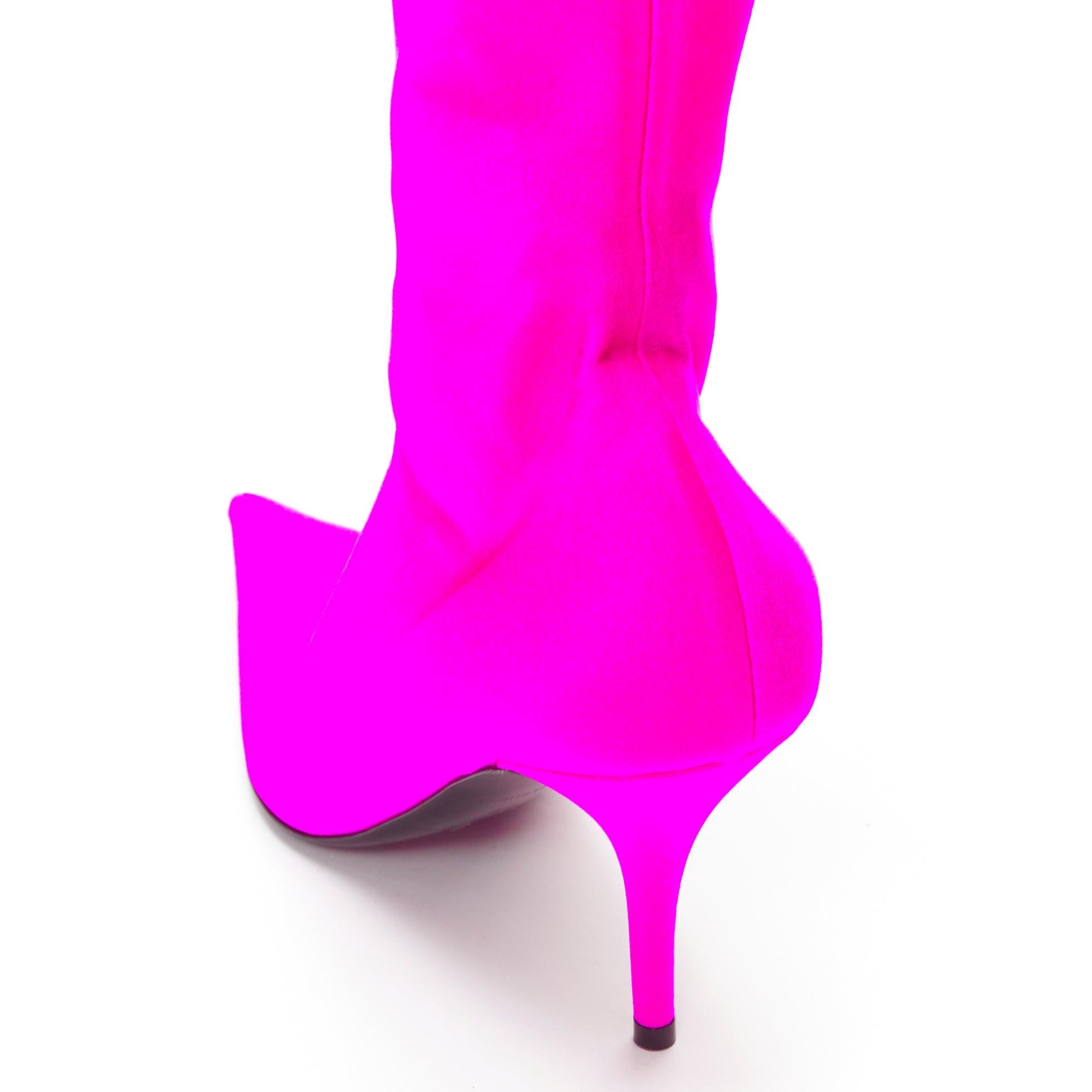 BALENCIAGA Knife neon pink lycra pointed sock boots EU38 Kim Kardashian For Sale 2