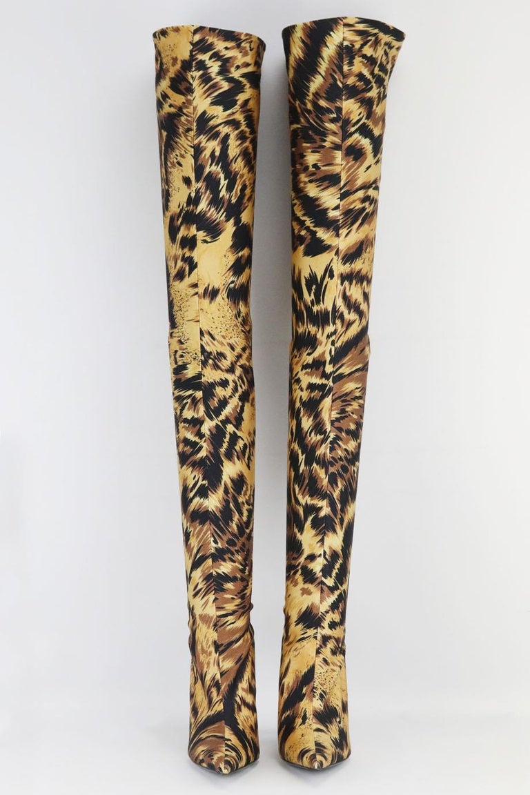 Brown Balenciaga Knife Printed Stretch Jersey Over The Knee Boots Eu 37.5 Uk 4.5  For Sale