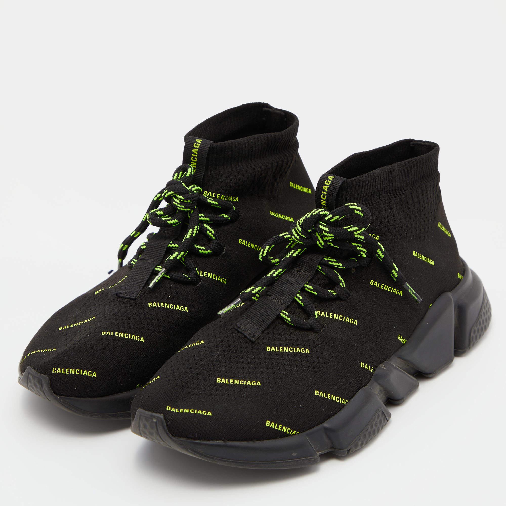 Balenciaga Knit Fabric Speed Trainer Neon Logo Lace Up Sock Sneakers Size 38 In Good Condition In Dubai, Al Qouz 2