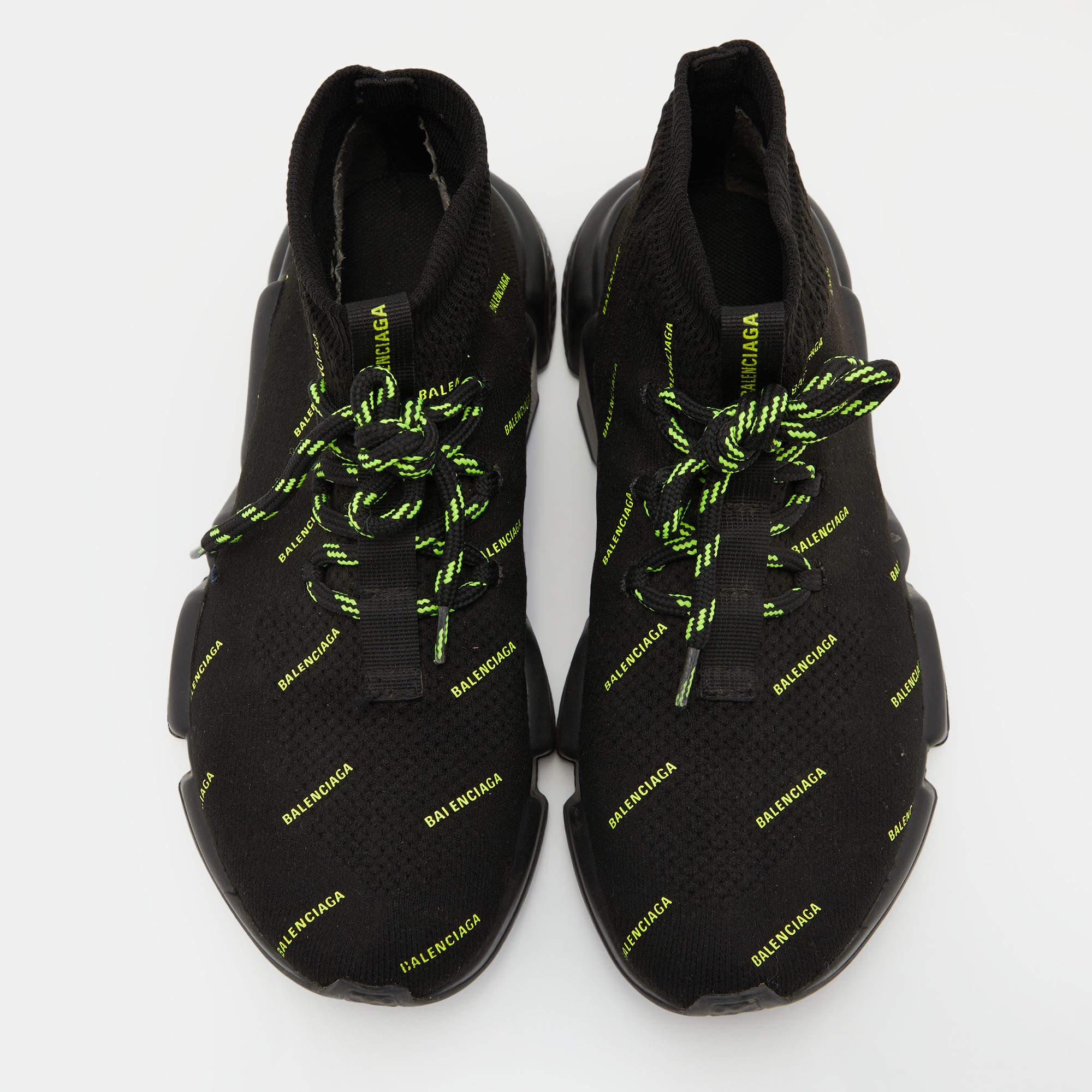 Women's Balenciaga Knit Fabric Speed Trainer Neon Logo Lace Up Sock Sneakers Size 38