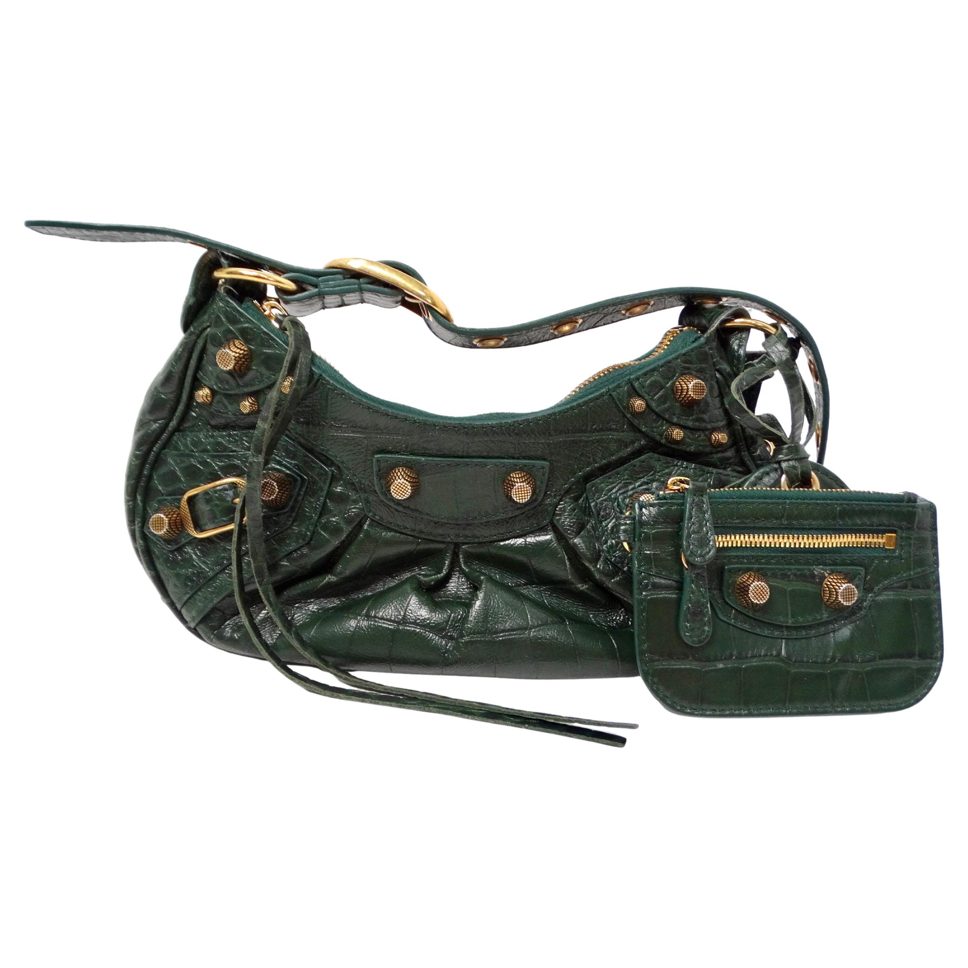 Bolso de hombro Balenciaga Le Cagole de piel verde con relieve de cocodrilo circa 2022 en venta