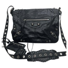 BALENCIAGA Le Cagole Messenger Bag Black Arena Lambskin Aged Silver Hardware