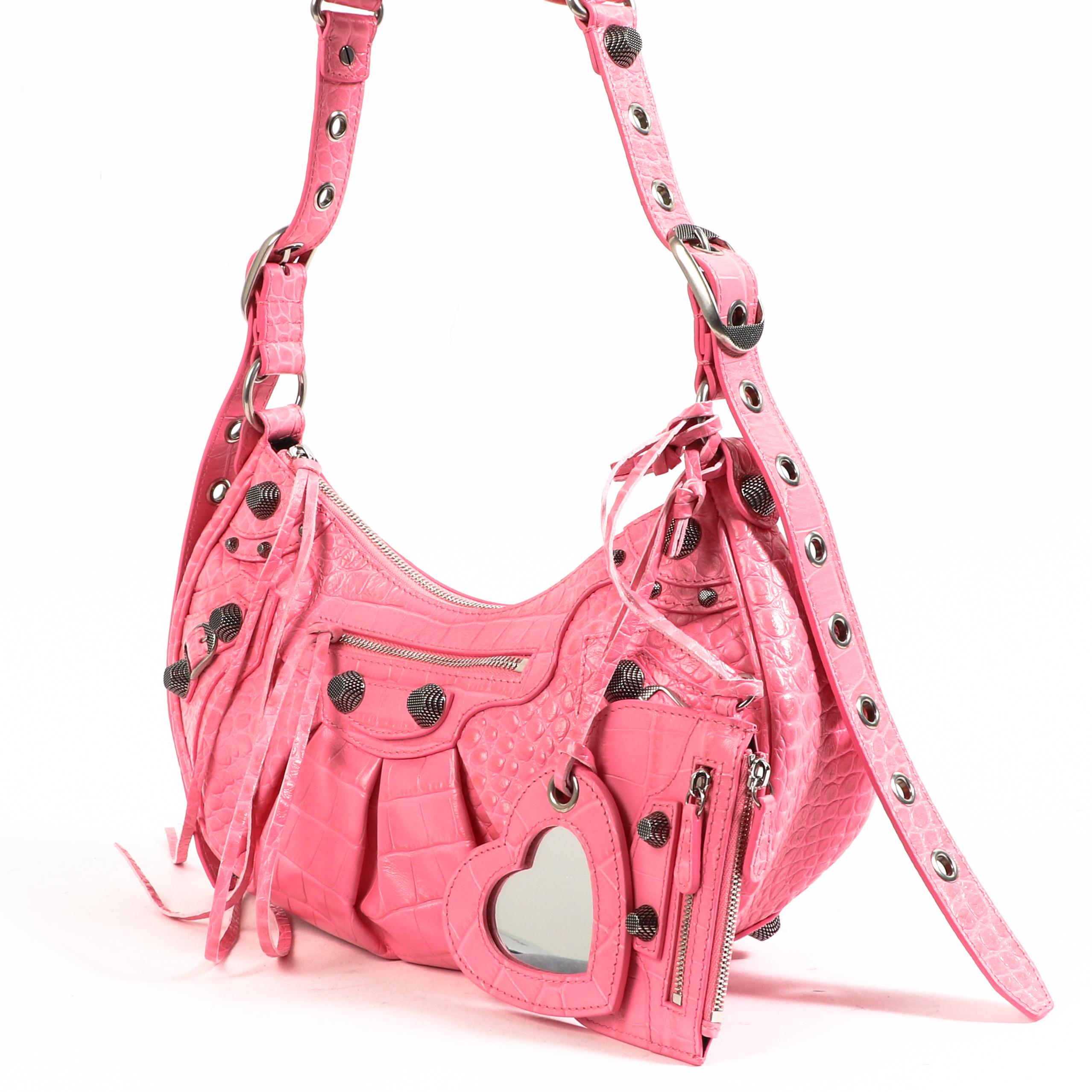 Balenciaga Le Cagole Small Pink Crocodile Embossed Bag In Excellent Condition For Sale In Antwerp, BE