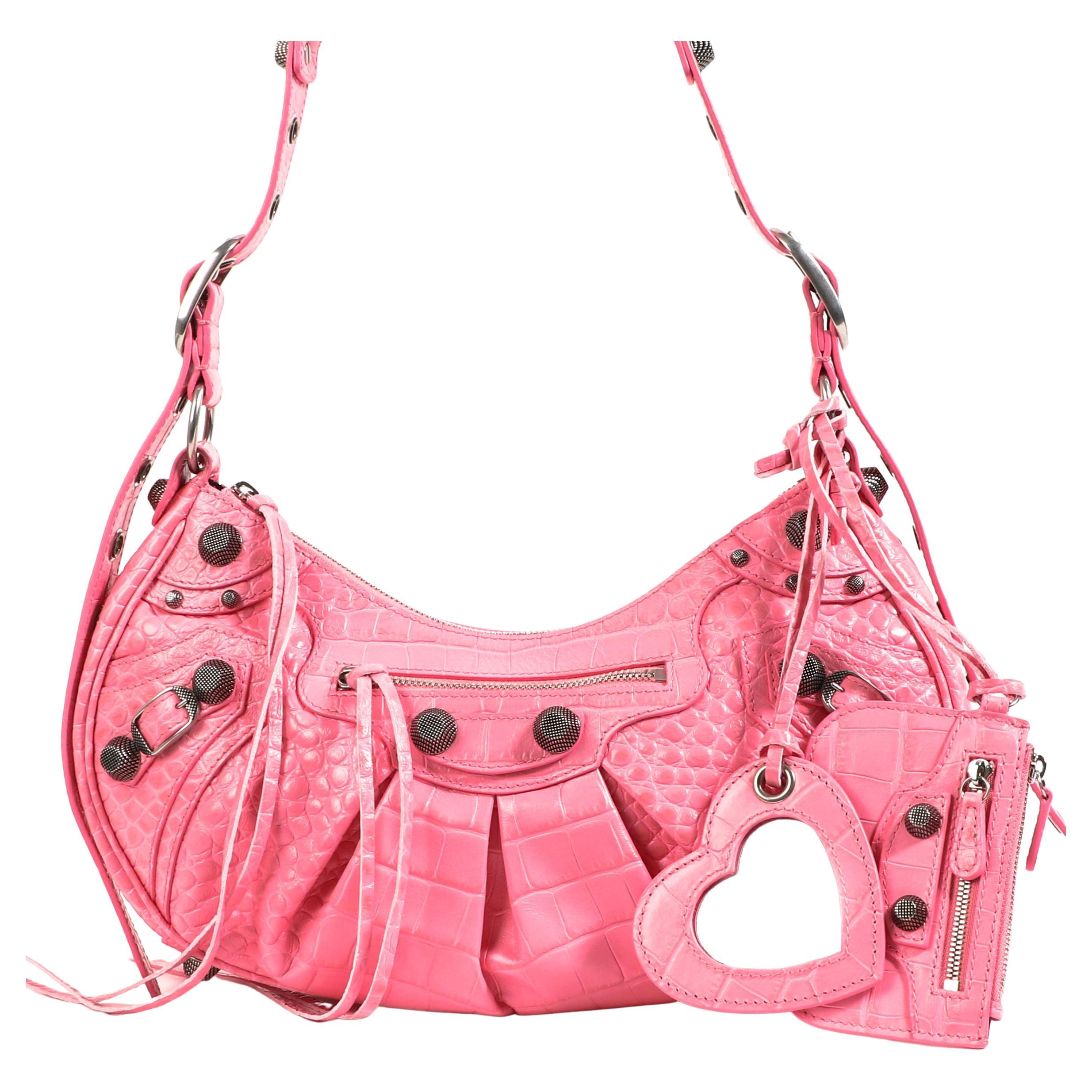 Balenciaga Le Cagole Small Pink Crocodile Embossed Bag For Sale