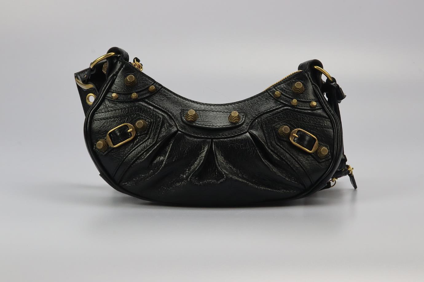 Balenciaga Le Cagole Xs Studded Crinkled Leather Shoulder Bag In Excellent Condition In London, GB