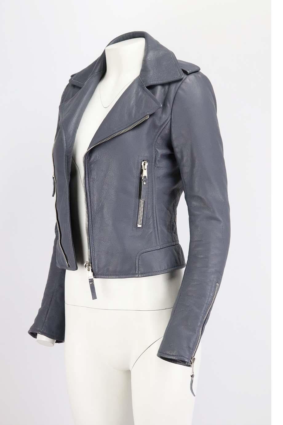 This classic biker jacket by Balenciaga is crafted from butter-soft dusty-blue leather and fully lined in satin, this figure-defining piece is cut for a slim fit that sits at the perfect point on your waist. Blue leather. Zip fastening at front.