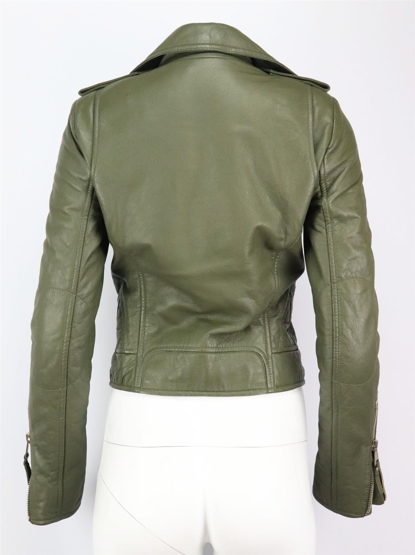 This classic biker jacket by Balenciaga is crafted from butter-soft khaki leather and fully lined in satin, this figure-defining piece is cut for a slim fit that sits at the perfect point on your waist. Khaki leather. Zip fastening at front. 100%