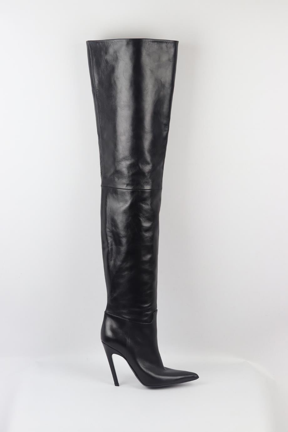 Balenciaga leather over the knee boots. Black. Pull on. Does not come with dustbag or box. Size: EU 38 (UK 5, US 8). Outersole: 10 in. Heel Height: 4.5 in. Shaft: 28 in. Thigh: 20.3 in. New without box.
