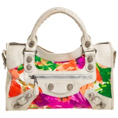 Balenciaga Light Beige Floral Print Satin and Leather GSH City Bag