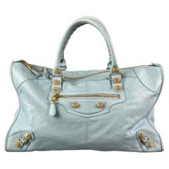 BALENCIAGA Light Blue Gold Tone Hardware Leather Bag