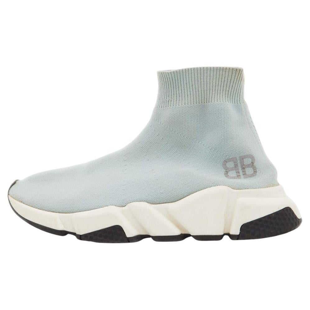 Balenciaga Light Blue Knit Fabric Speed Trainer Sneakers Size 36 For Sale