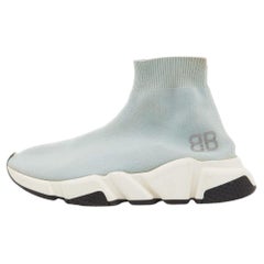 Used Balenciaga Light Blue Knit Fabric Speed Trainer Sneakers Size 36