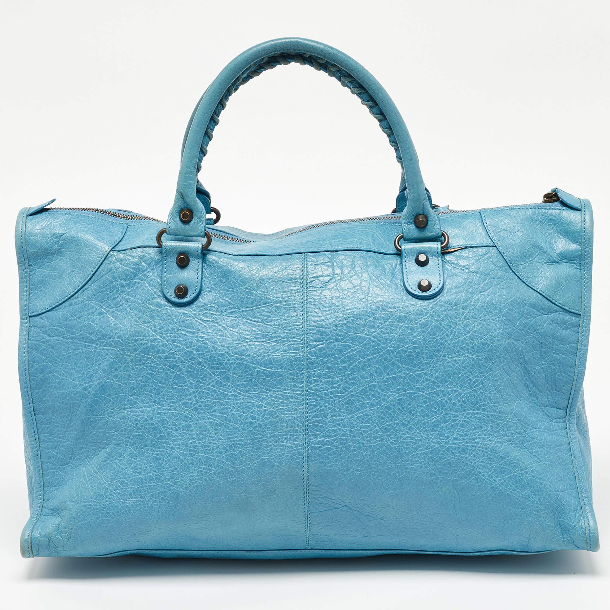 Balenciaga Light Blue Leather RH Work Tote For Sale 8