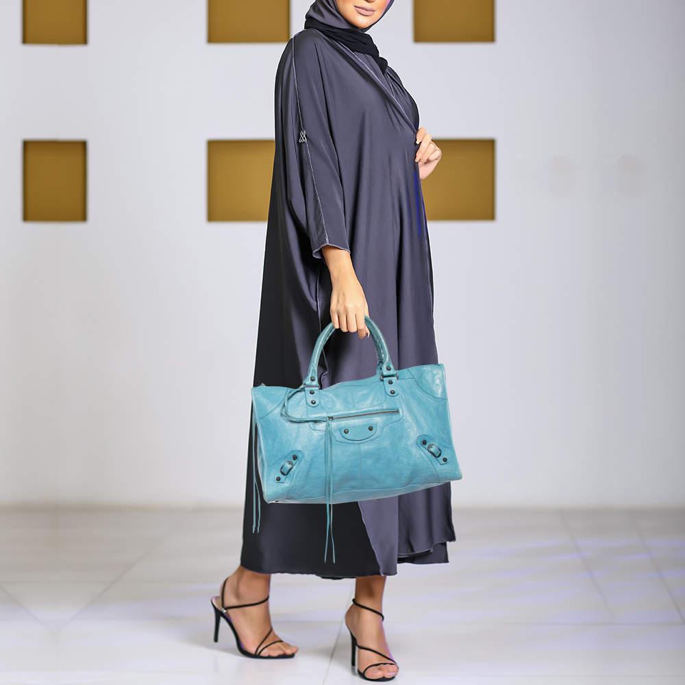 Balenciaga Light Blue Leather RH Work Tote In Good Condition In Dubai, Al Qouz 2