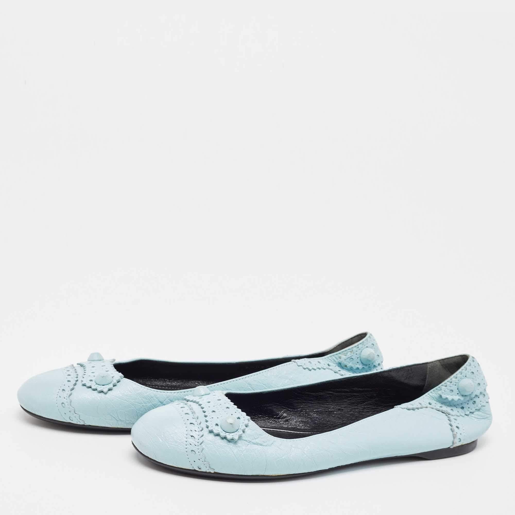 Women's Balenciaga Light Blue Textured Leather Studded Arena Ballet Flats Size 39.5