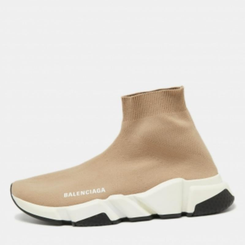 Balenciaga Light Brown Knit Fabric Speed Trainer Sneakers Size 39 For Sale